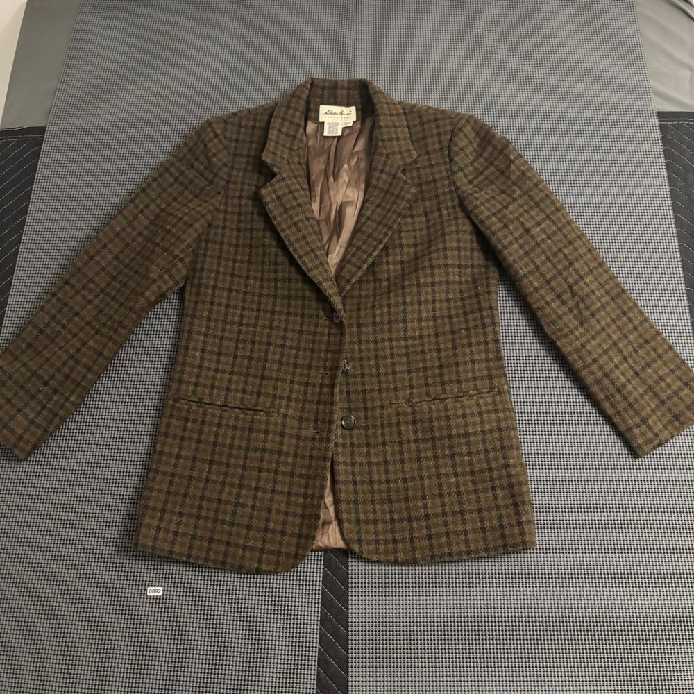 Eddie Bauer Vintage Brown Plaid 100% Wool Blazer Jacket Womens Small Petite